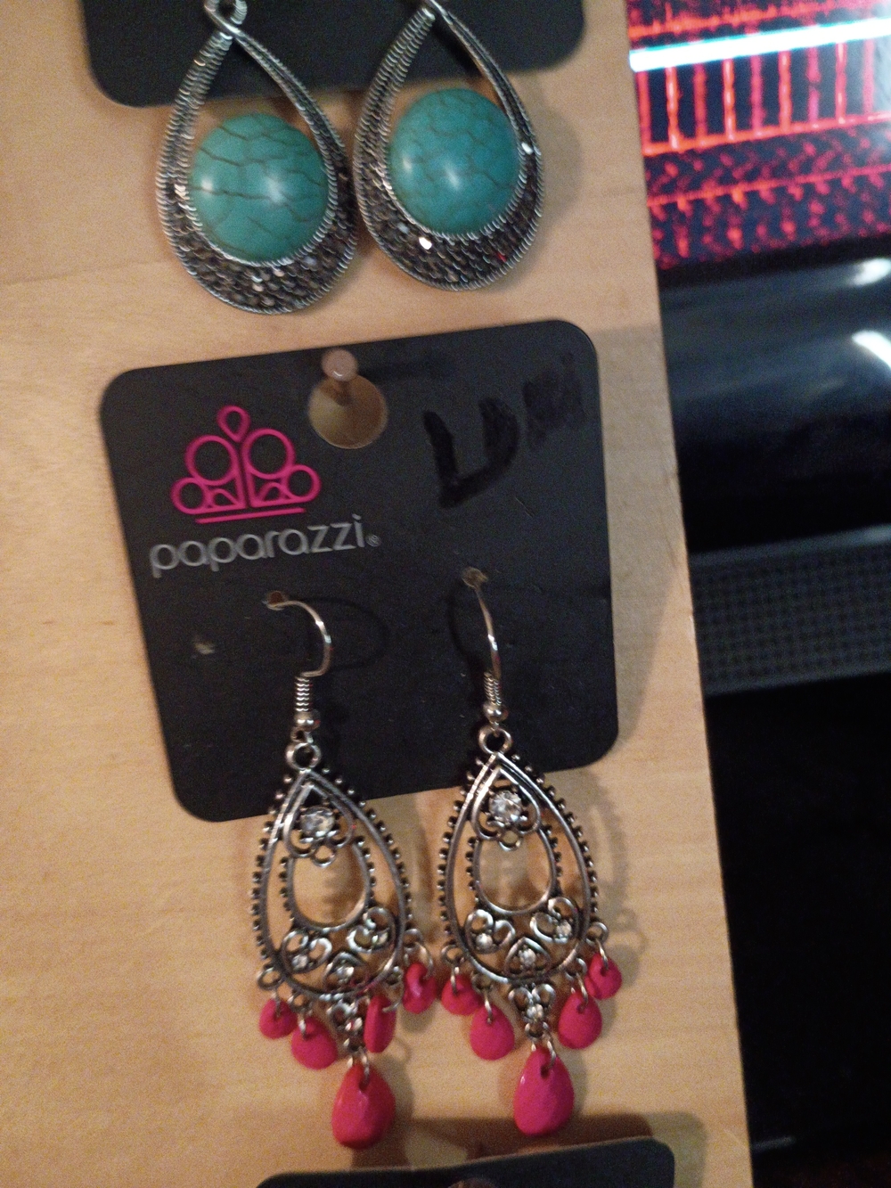 paparazzi Silver Teardrop Filigree Earrings with Hot Pink Drops